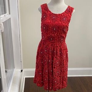kate spade Red Floral Lace Jewel-Embellished Sleeveless Mini Dress